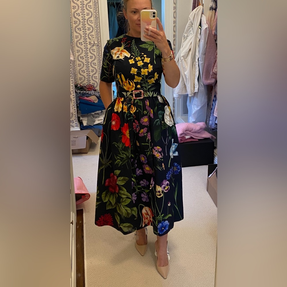 Oscar De La Renta navy floral midi dress.